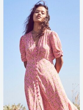 Ghost London Midi Dress‎ Womens XS Pink Floral V-Neck Button Front Ruched Sleeve
